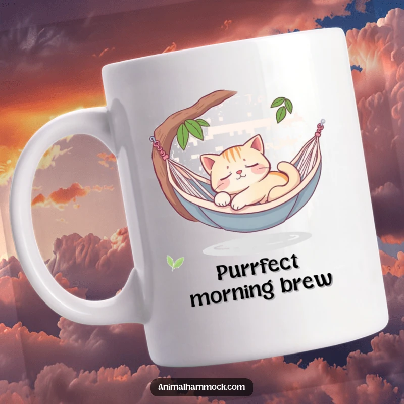 Funny sleepy cat dreaming peacefully in a hammock oasis, printed on a mug, capturing a moment of ultimate relaxation and sweet dreams.