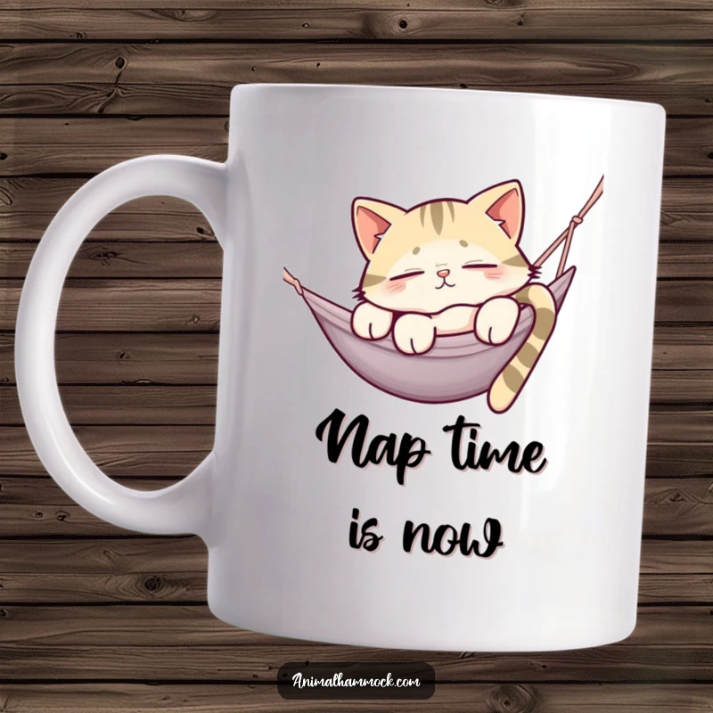 Funny cat mug featuring a sleepy feline draped over a hammock edge, embodying ultimate relaxation and lazy vibes.