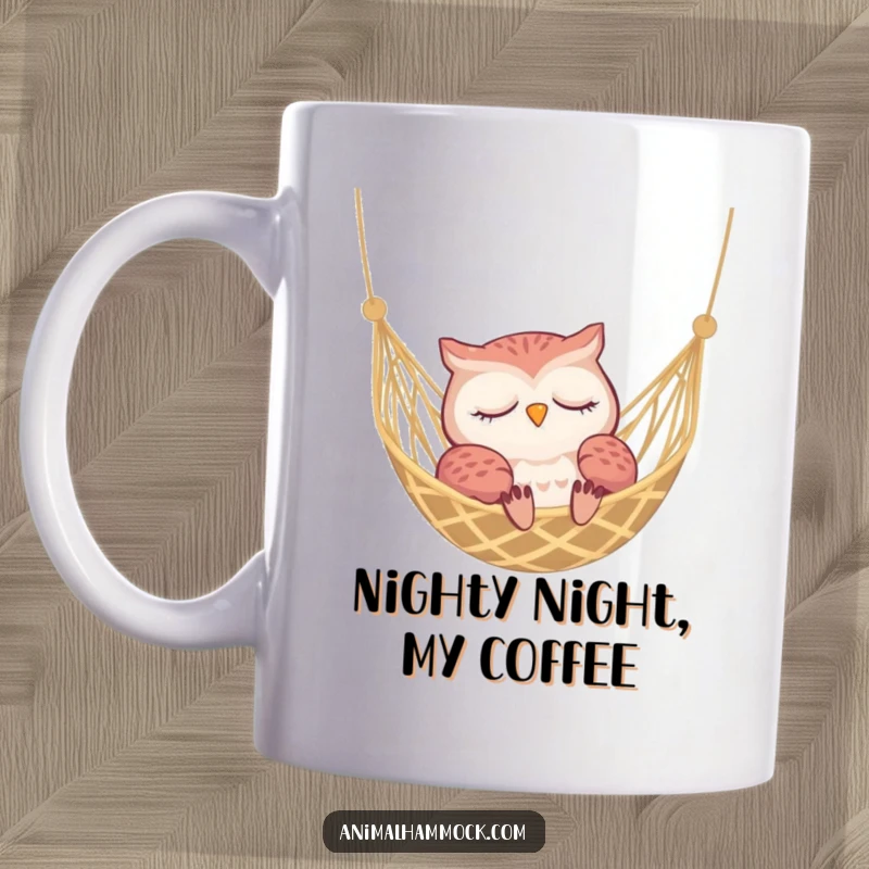 Funny sleepy owl dozing peacefully in a woven hammock, embodying ultimate relaxation and humor on this cozy mug.