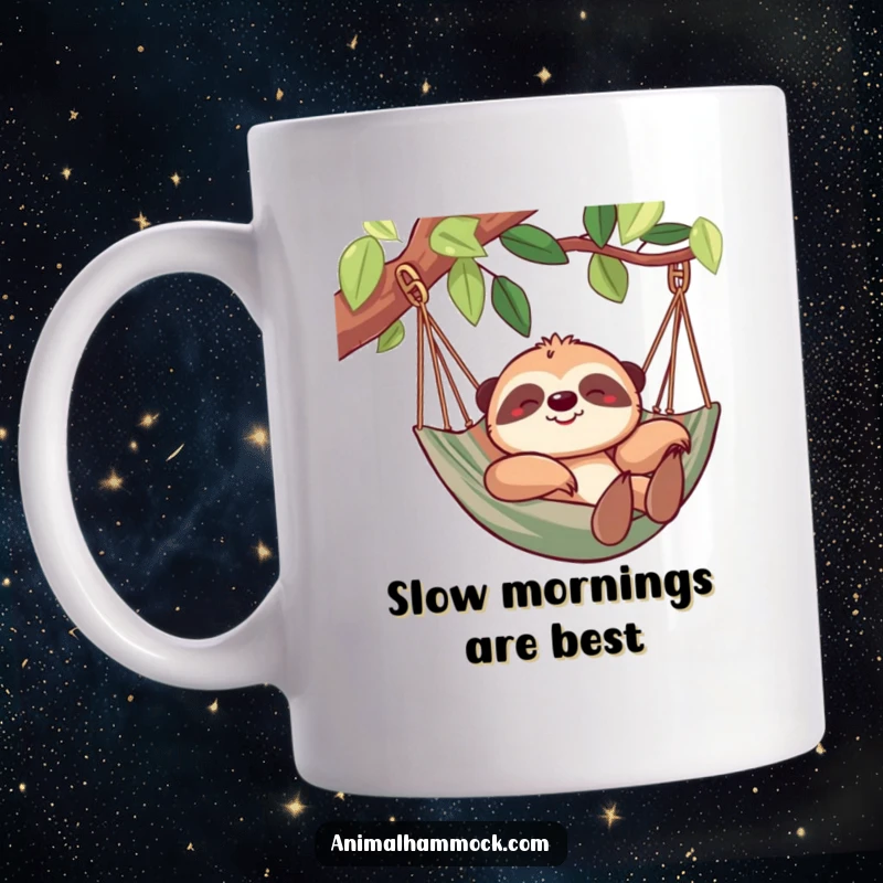 Funny sloth mug featuring a cheerful sloth lounging contentedly in a hammock, embodying ultimate relaxation. A humorous and relatable gift.