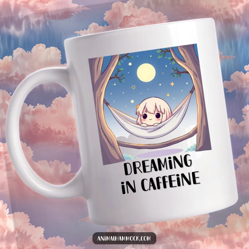 Funny mug showing a cute character relaxing in a hammock under a starry, moonlit sky, gazing upwards with wonder and peace.