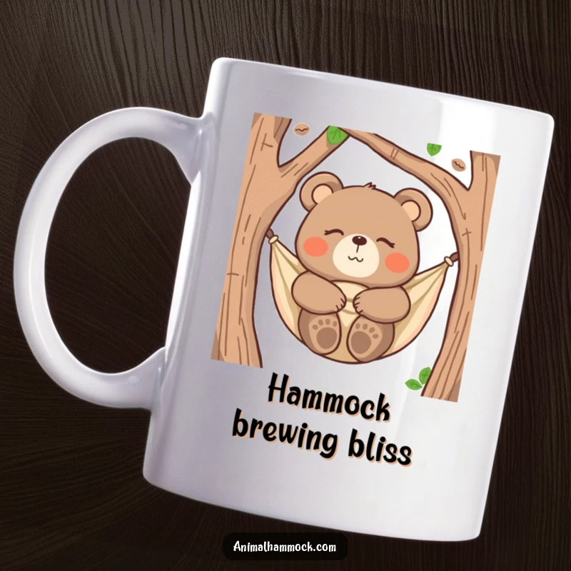 Funny bear mug showing a happy bear snuggled peacefully in a hammock, eyes closed in pure, humorous relaxation.