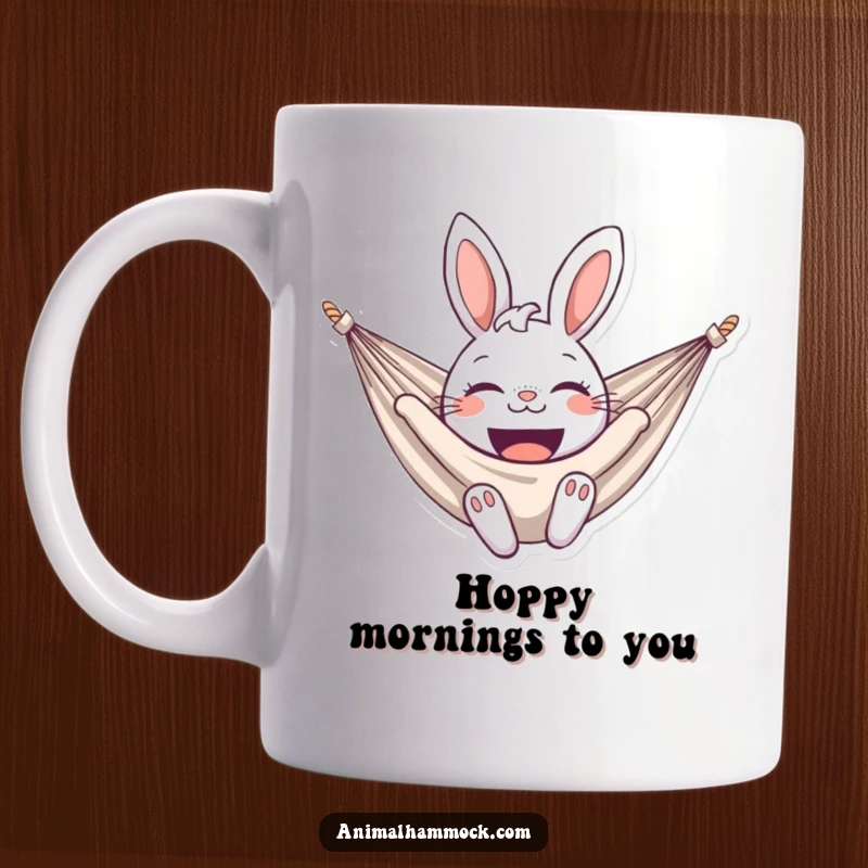 Funny bunny mug featuring a delighted bunny smiling broadly in a hammock, embodying pure joy and relaxation. A cute and funny gift.