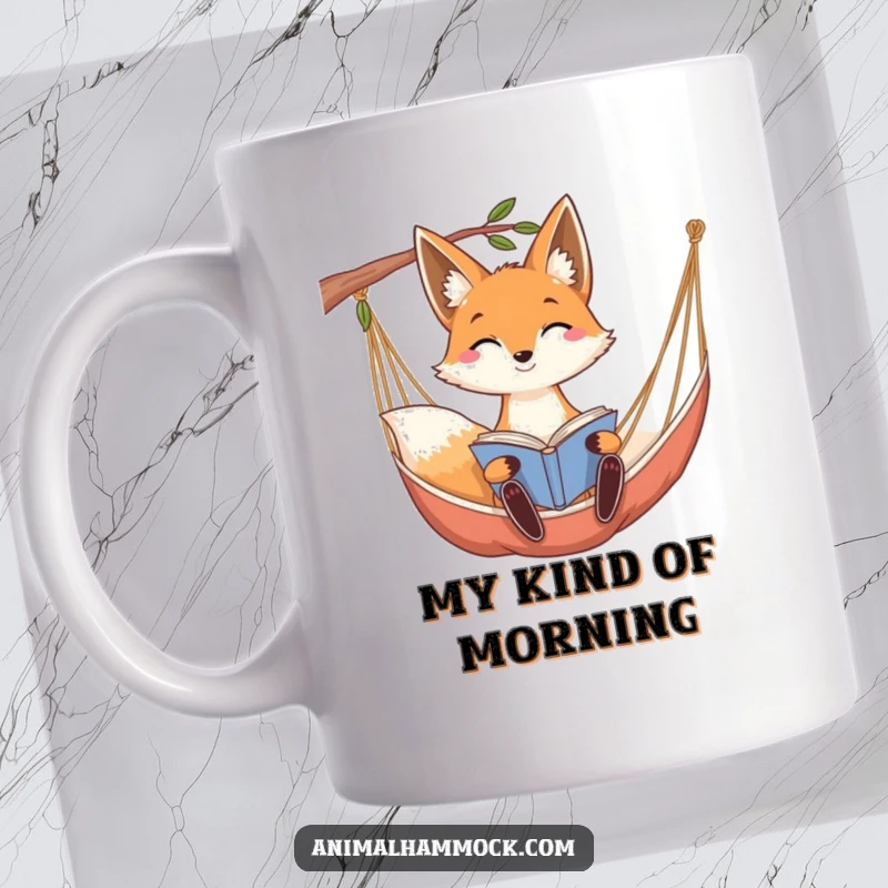 Funny smiling fox with long ears peacefully reading a book while relaxing in a hammock, on this mug.