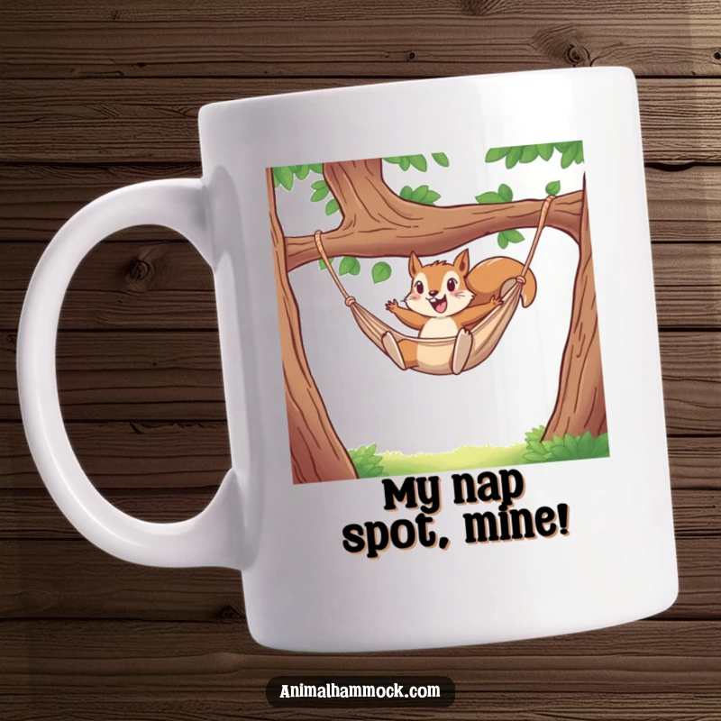 Funny mug featuring an energetic squirrel mid-air, joyfully leaping into a hammock for a thrilling ride. Hilarious design for a playful soul.