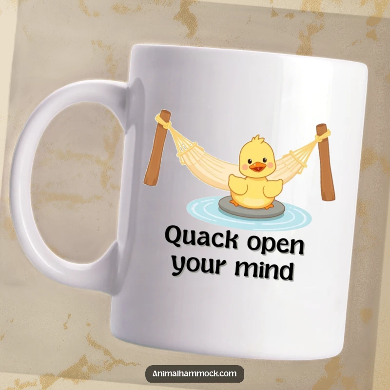 Funny Duckling Mug: A playful duckling happily paddling near a hammock, embodying cheerful energy and aquatic fun, a great funny gift.