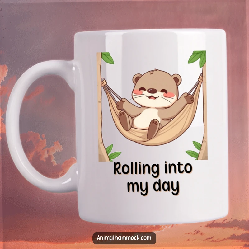 Funny Otter Mug, a playful otter character rolling around happily inside a hammock, embodying pure aquatic joy.