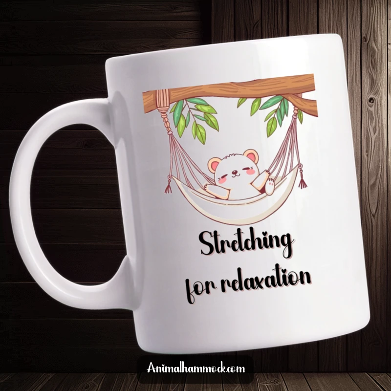 Funny mug depicting a cute animal luxuriously stretching in a gently swaying hammock, embodying ultimate relaxation and peaceful joy.