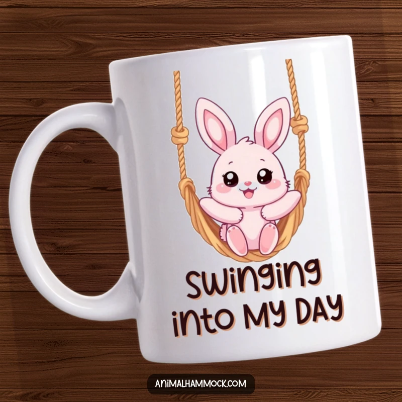 Funny mug featuring a fluffy pink bunny with big eyes, joyfully swinging high on a knotted rope hammock, looking utterly content.
