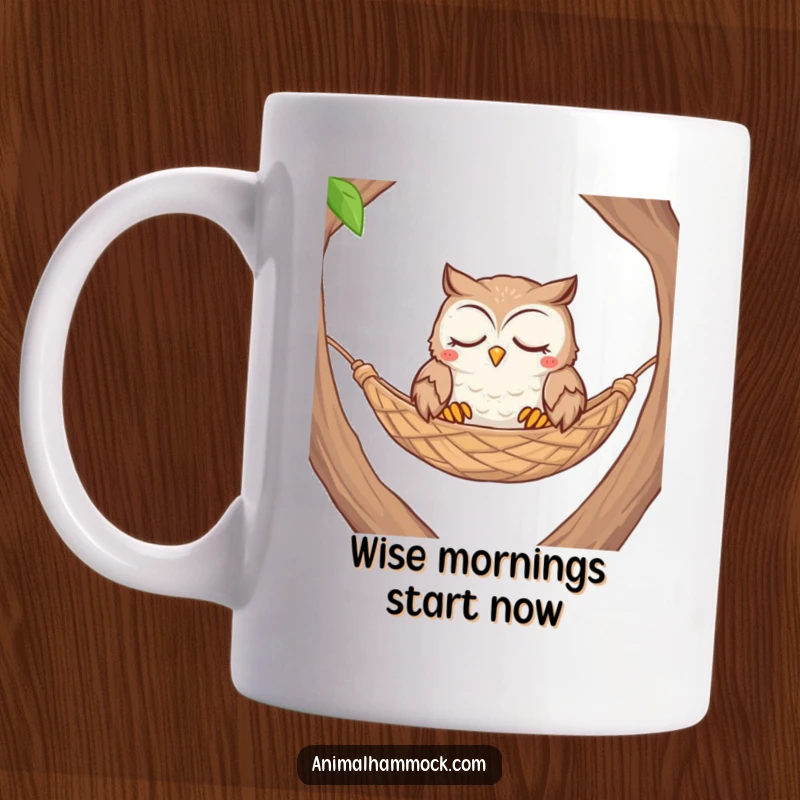 Funny contented owl with closed eyes nestled comfortably in a woven hammock, featured on this mug.