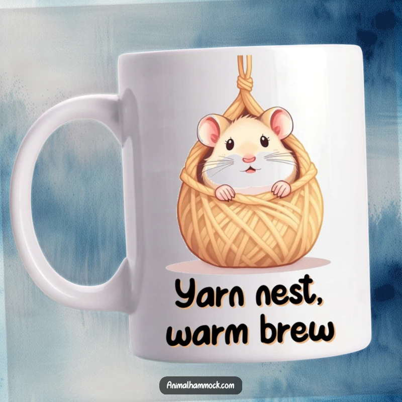 Funny hamster mug, curious hamster peeking from inside a tiny hammock made of yarn, a cute and humorous gift.