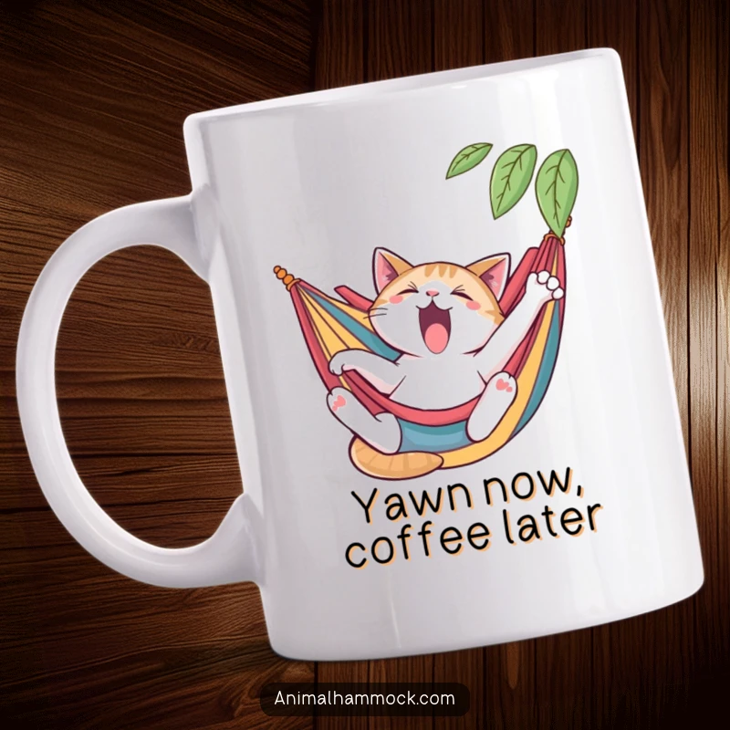 Funny cat mug, yawning and stretching languidly while lounging in a colorful hammock, a humorous and relatable gift.