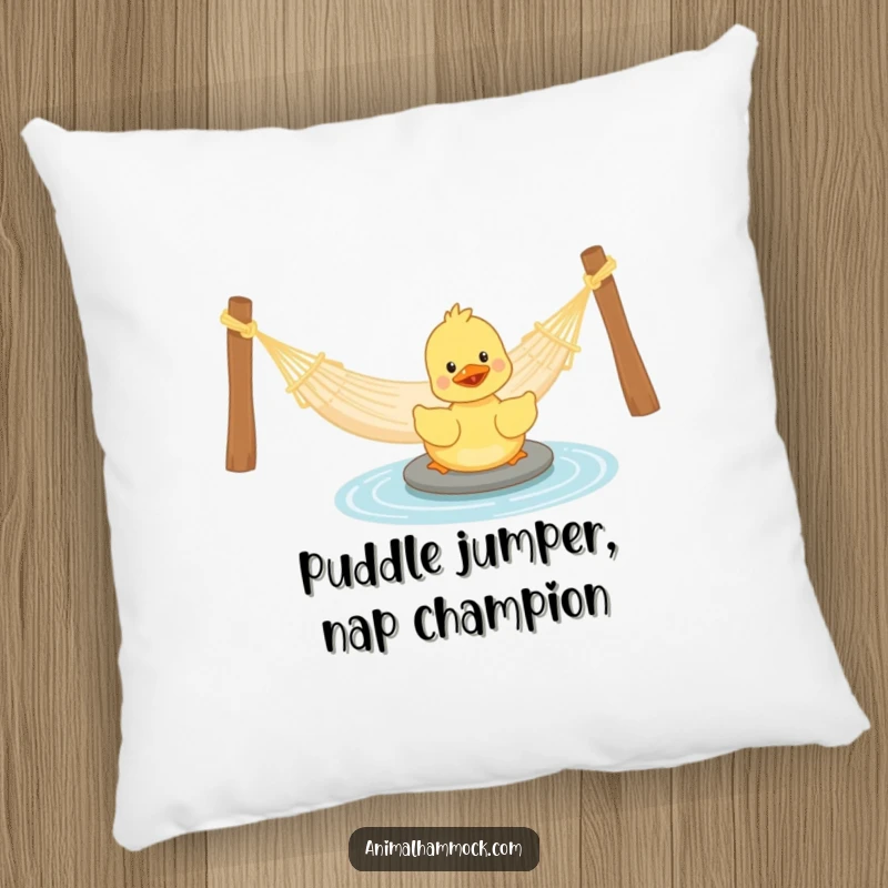 Funny Duckling Pillow: A plush pillow depicting a happy duckling paddling near a hammock, adding comedic charm and aquatic whimsy.