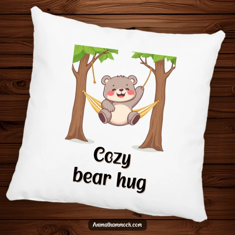 Funny chubby bear cub gleefully dangling from a hammock strung between two trees, perfectly depicted on a soft pillow.