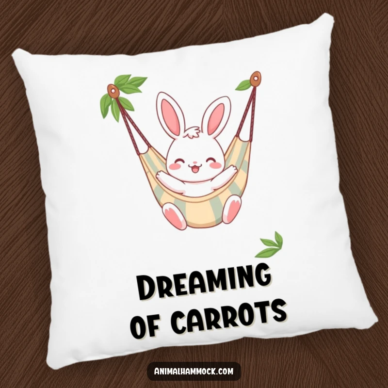 Funny Bunny Pillow, a cheerful bunny character bouncing gently in a striped hammock, offering soft comfort and smiles.