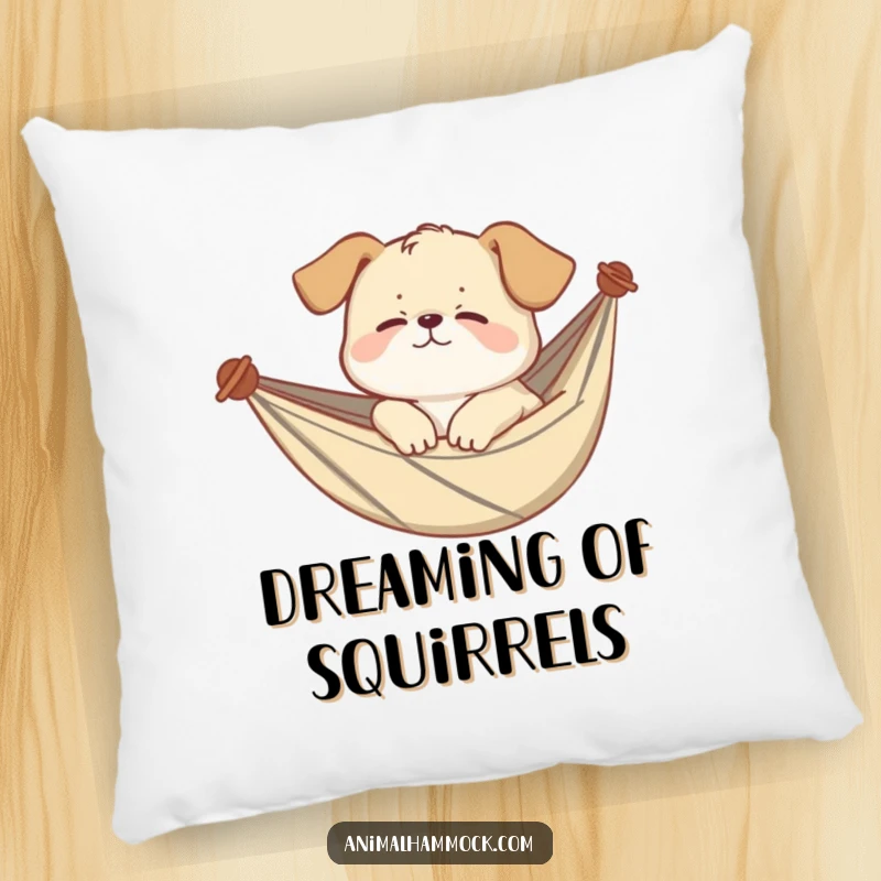Funny puppy pillow featuring a giggling puppy sleeping soundly in a hammock, providing comfort and a smile. A cute and funny decorative piece.