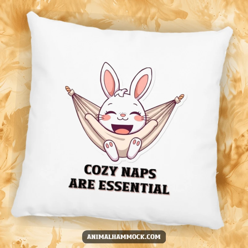 Funny bunny pillow featuring a delighted bunny smiling broadly in a hammock, providing comfort and a smile. A cute and funny decorative piece.