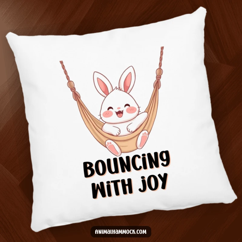 Funny fluffy bunny with rosy cheeks joyfully swinging in a hammock, perfectly depicted on a soft pillow.