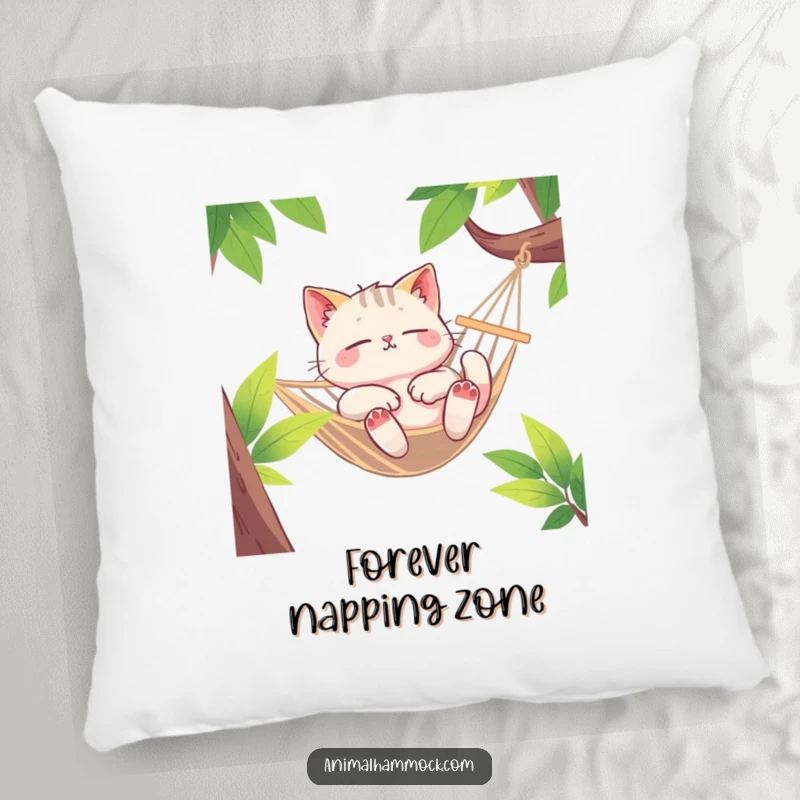 Funny Cat Pillow, a euphoric cat character lounging deeply in a swaying hammock, offering plush comfort and a smile.