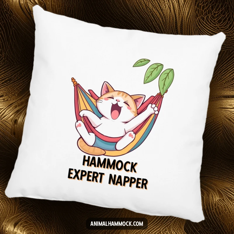 Funny cat pillow with a yawning cat stretching languidly in a colorful hammock, perfect for comfort and humor, an ideal funny gift.