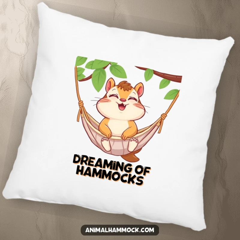 Funny chipmunk giggling in a hammock, designed on a plush pillow. A humorous and comforting home accent.
