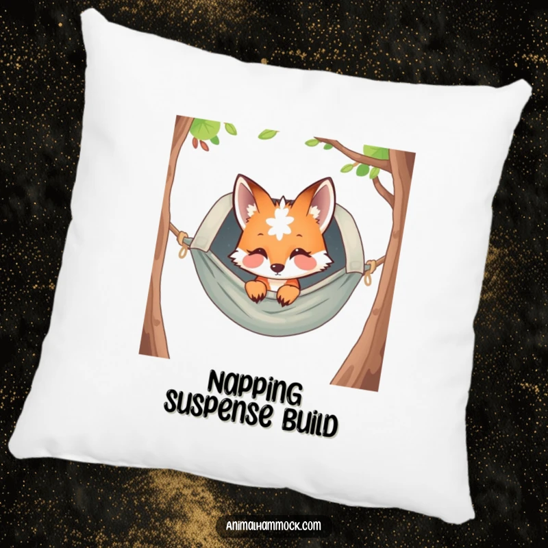 Funny curious fox peeking from a hammock, printed on a soft pillow, offering a blend of comfort, charm, and humorous decoration for any space.