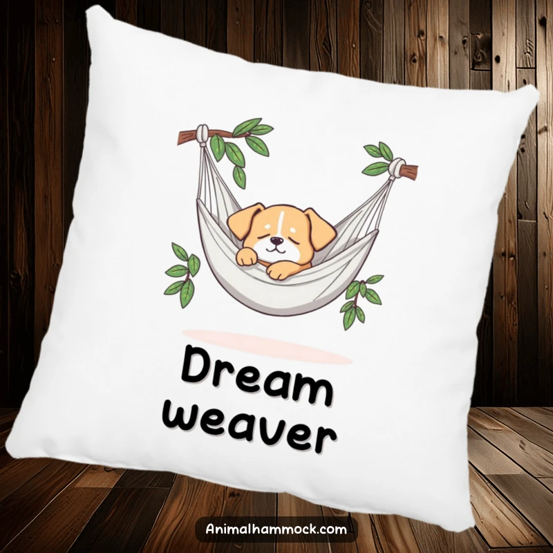 Funny pillow showing a small dog sleeping soundly in a hammock, offering ultimate comfort and a dose of adorable humor. Ideal gift.
