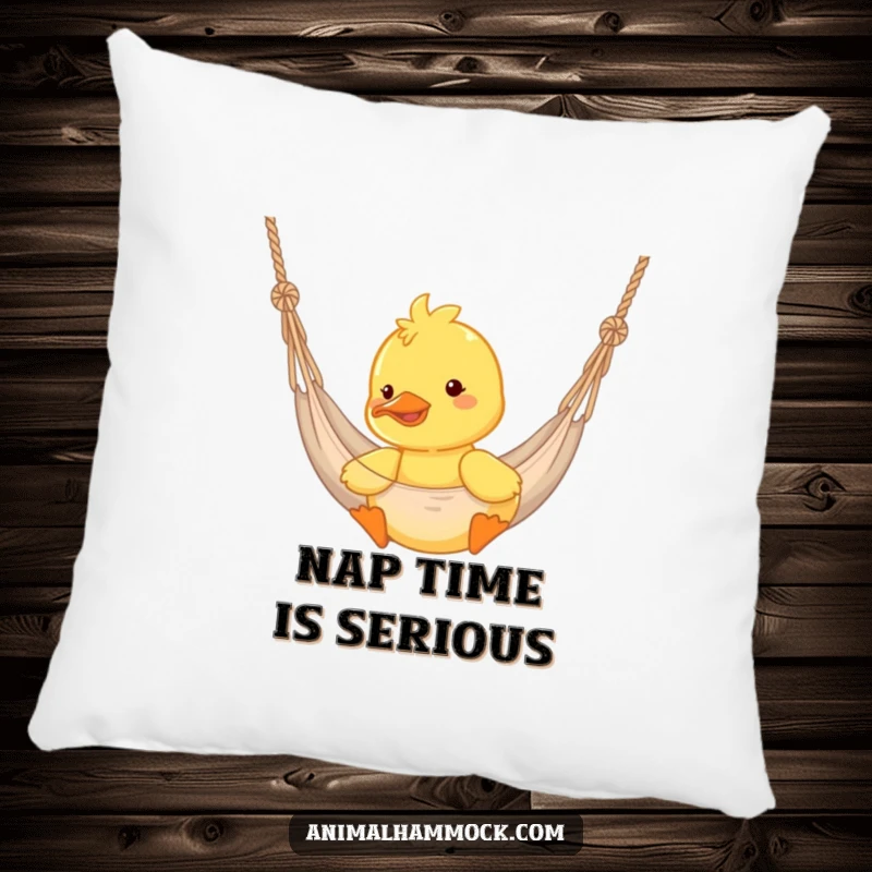 Funny duckling bouncing happily in a hammock on a soft pillow, the ultimate cozy and humorous decor.