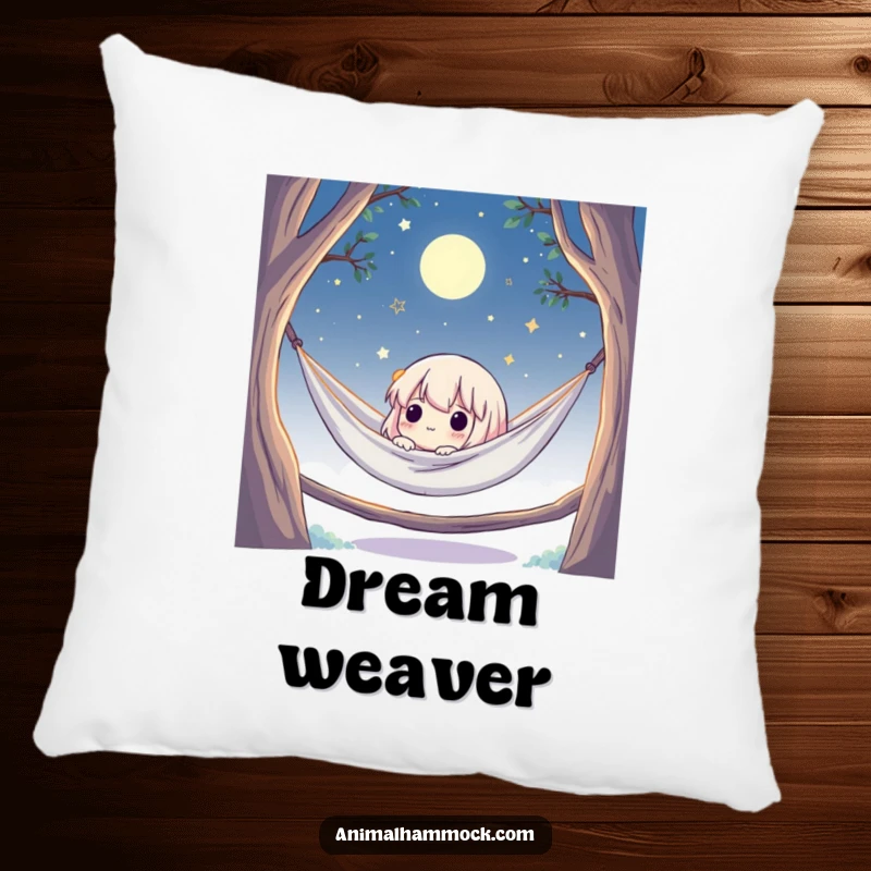 Funny pillow with a cute character in a hammock under a moonlit sky, gazing at stars, offering comfort and a touch of whimsy.