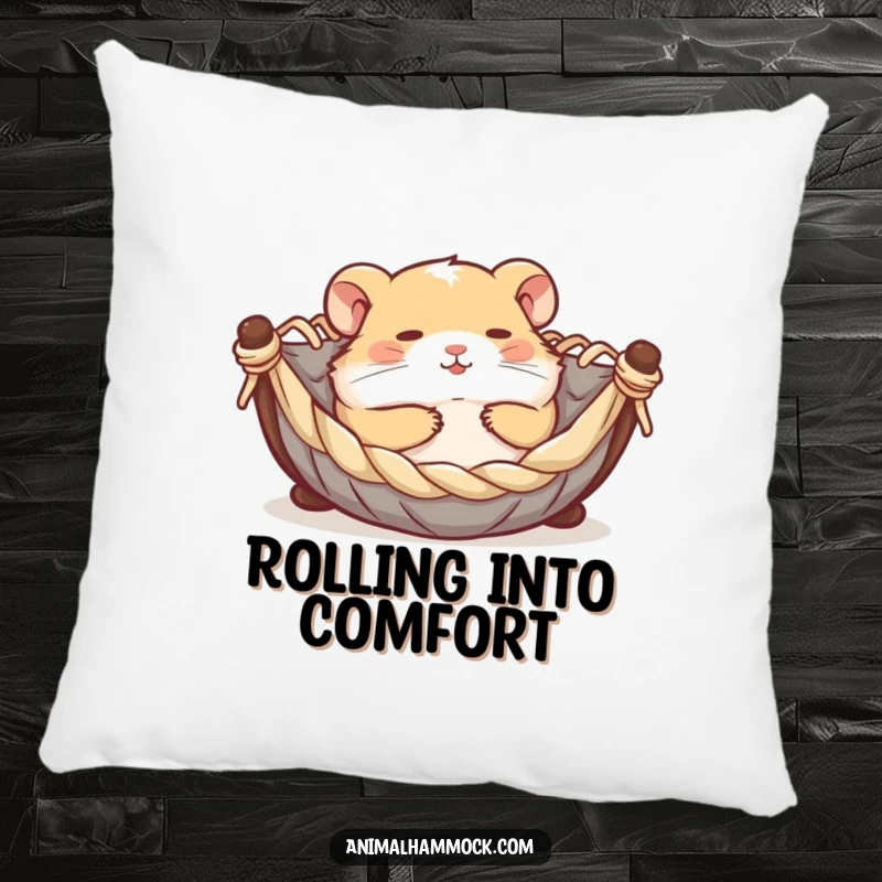 Funny contented hamster rolling joyfully in a miniature hammock, printed on a soft pillow, offering comfort, charm, and humorous delight.