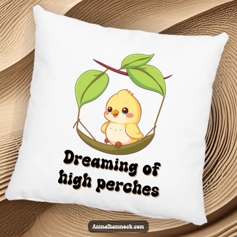 Funny pillow featuring a happy bird character swinging on a leaf hammock, offering plush comfort and symbols of lighthearted happiness.