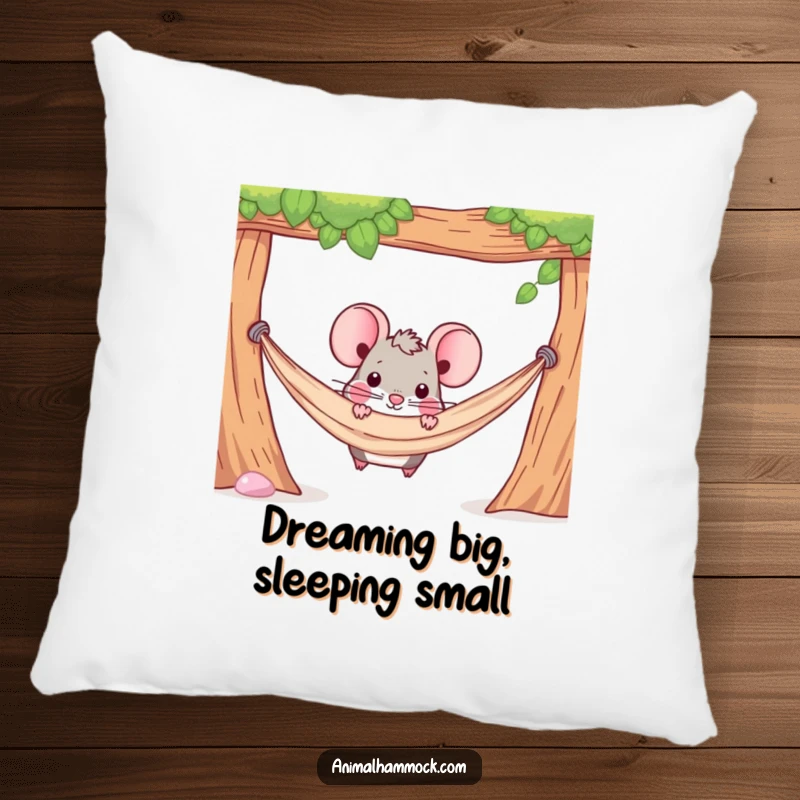 Funny pillow with a determined mouse character peeking out from under a hammock, adding comfort and subtle humor.