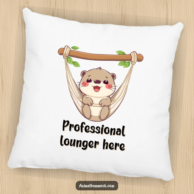 Funny otter pillow featuring a happy otter lounging in a hammock, providing comfort and humor. A cute and funny decorative item.