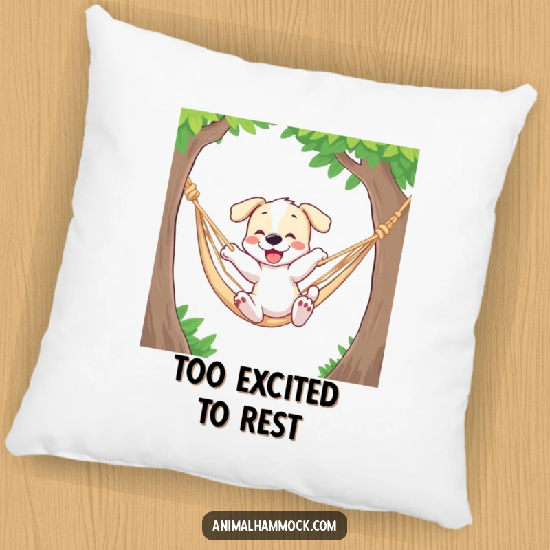 Funny pillow with a playful puppy energetically bouncing in a hammock, offering comfort and a dose of happy canine vibes.