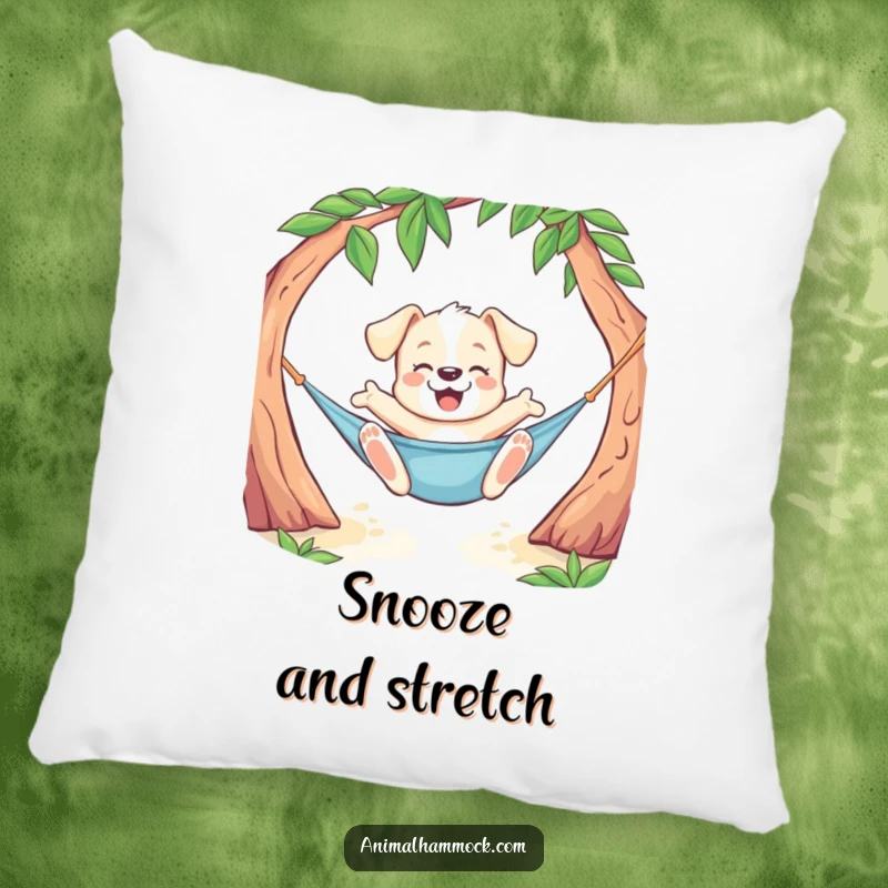 Funny Puppy Pillow showing a playful dog doing a joyful stretch while lounging in a hammock, a soft and humorous decorative accent.
