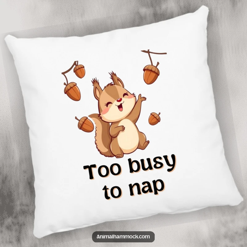 Funny squirrel character juggling acorns while suspended, featured on a soft pillow for humorous and comfortable home decor.