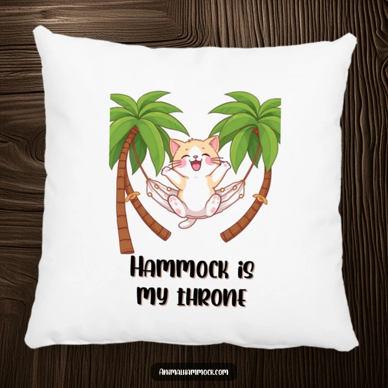 Funny cat pillow featuring a cat on a hammock, perfect for adding comfort and a dose of tropical humor, a delightful funny gift.
