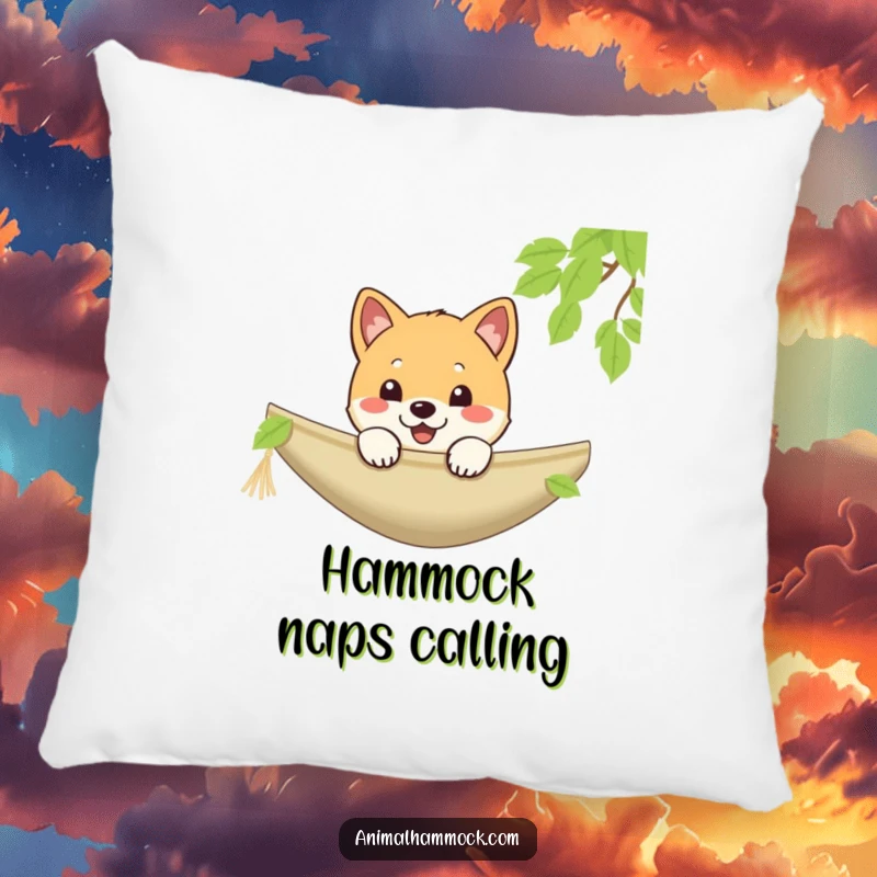 Funny Shiba Inu pillow with a playful puppy cheerfully peeking over a hammock, perfect for comfort and humor, an ideal funny gift.