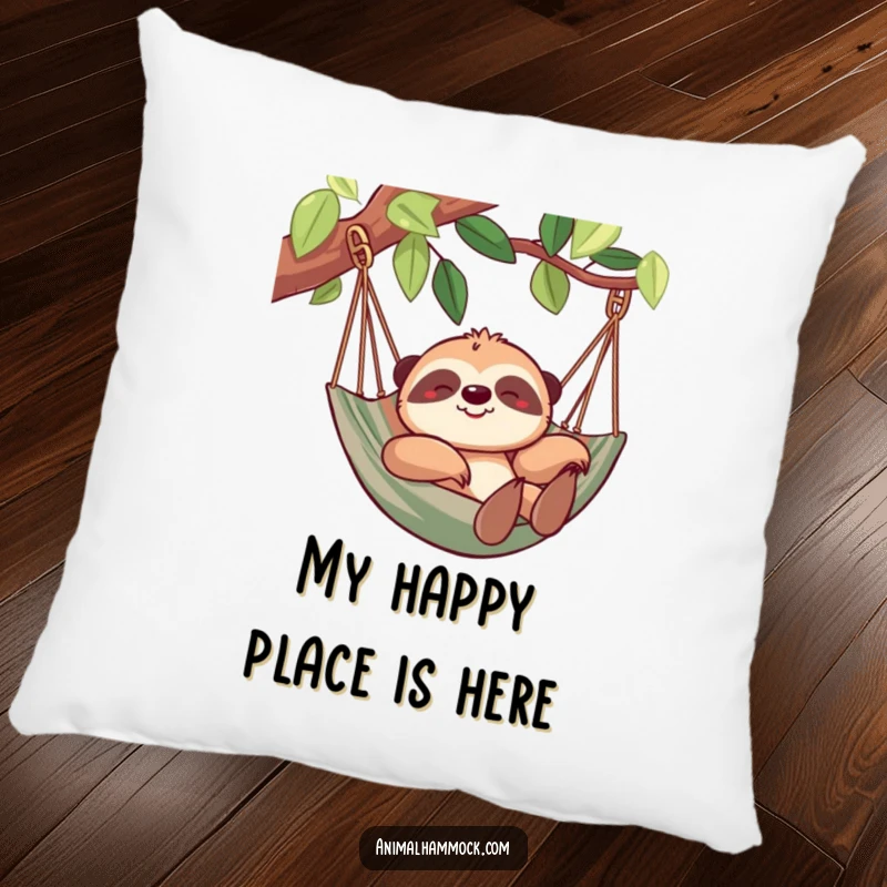 Funny sloth pillow depicting a cheerful sloth contentedly relaxing in a hammock, offering comfort and a smile. A humorous decorative piece.
