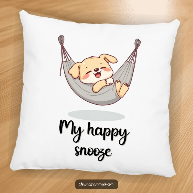 Funny Dog Pillow, a delighted dog character blissfully napping in a stretched hammock, offering plush comfort and smiles.