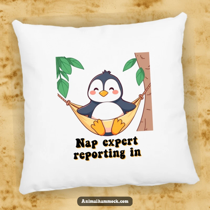 Funny pillow with a proud penguin character sitting upright and smiling happily in a hammock, perfect for adding comfort and humor.