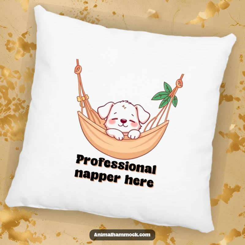 Funny puppy character napping peacefully in a hammock, featured on a plush pillow for comfort and humorous home decor.