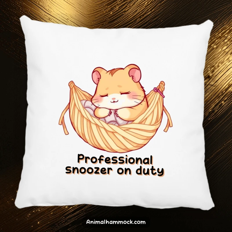 Funny pillow featuring a contented hamster character snoozing peacefully in a detailed yarn hammock, adding soft humor to any couch.