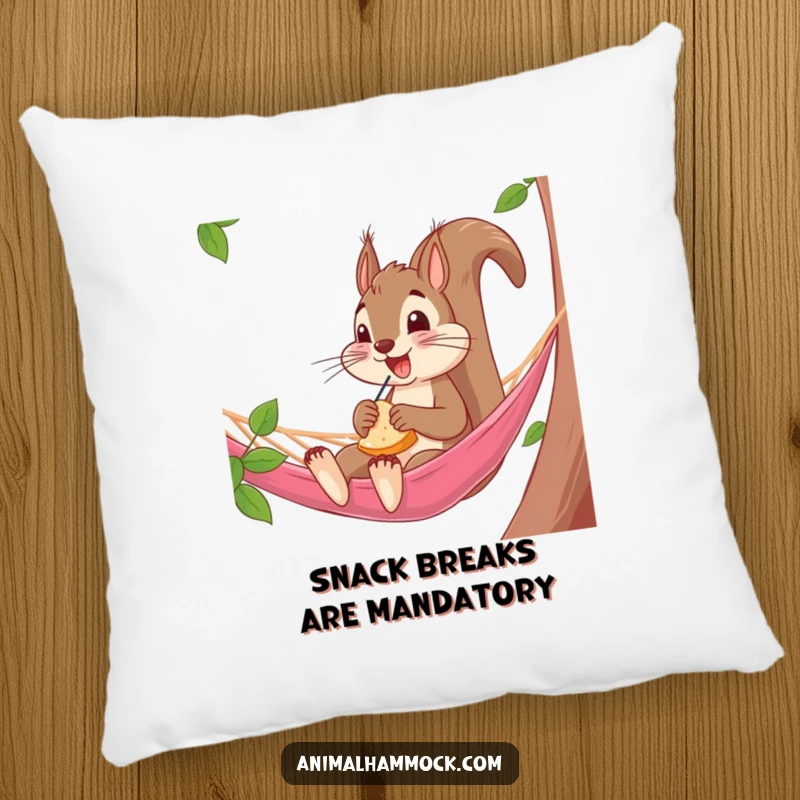 Funny Squirrel Pillow: A plush pillow depicting an excited squirrel snacking in a hammock, adding comedic comfort and woodland whimsy.