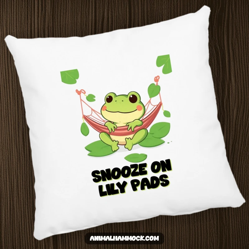 Funny green frog with a wide grin relaxing in a hammock on a soft pillow, epitomizing cozy humor.