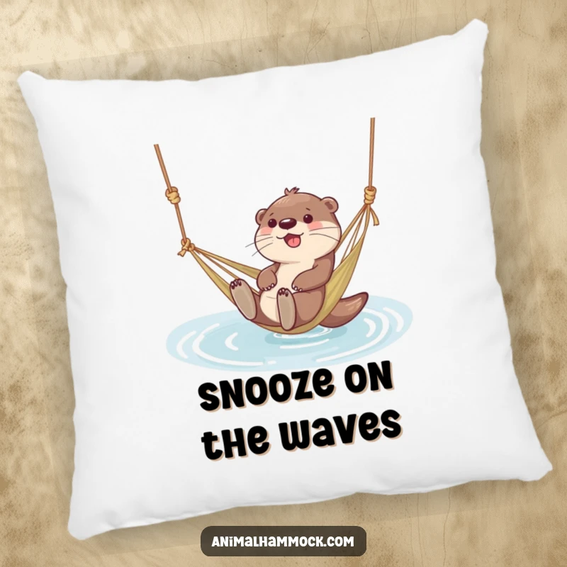 Funny pillow with a giggling otter character floating in a hammock tied to water, adding comfort and aquatic charm.