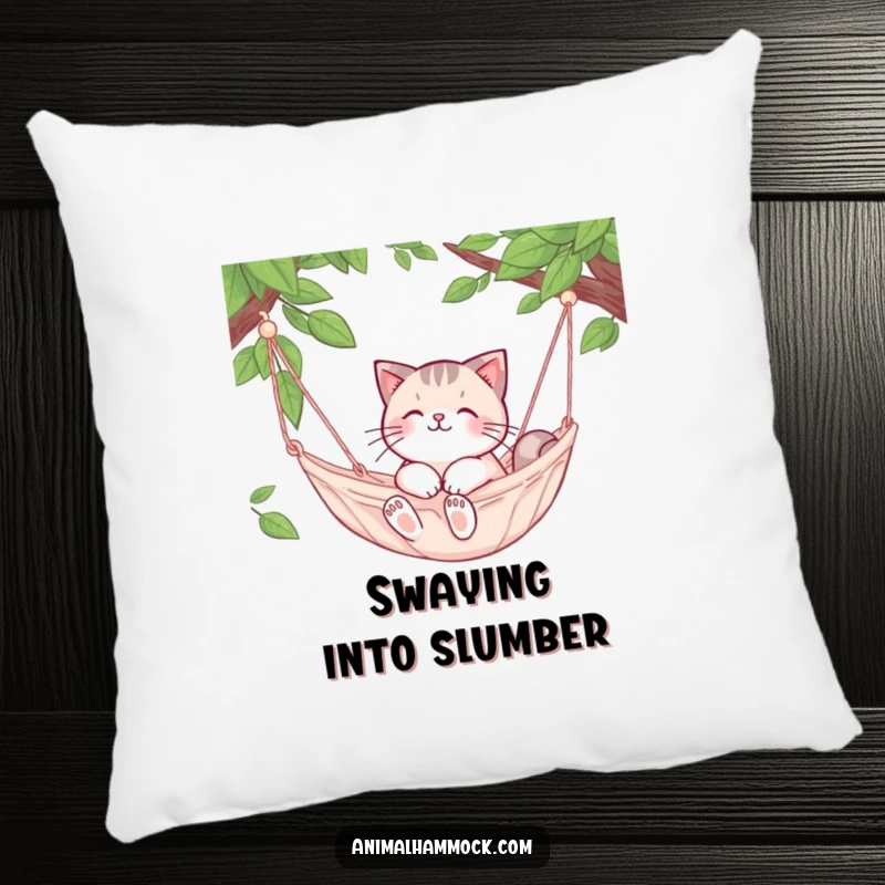 Funny Cat Pillow: A cute cat character is happily snuggled in a gently swaying hammock, soft and serene.