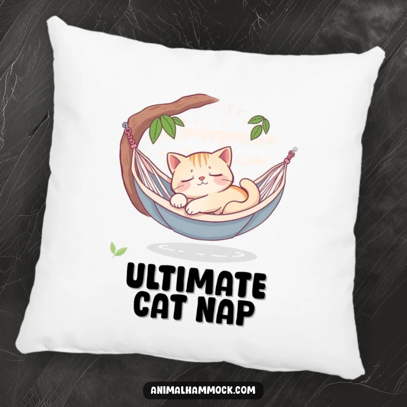 Funny sleepy cat dreaming peacefully in a hammock oasis, printed on a soft pillow, offering comfort, charm, and humorous serenity.