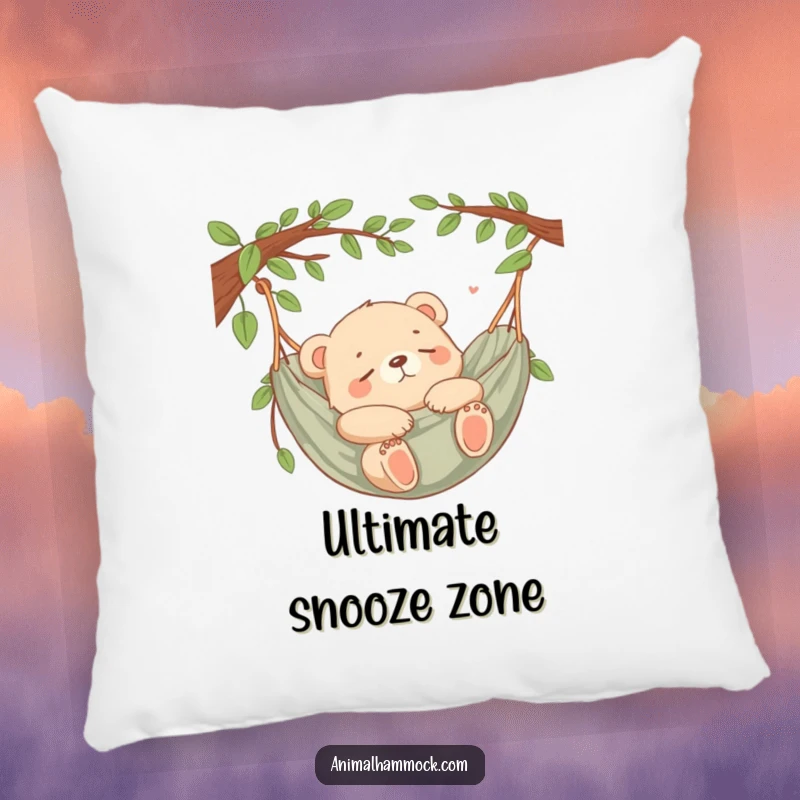 Funny Bear Cub Snooze Pillow with a content bear cub sleeping in a hammock, providing comfort and gentle humor.