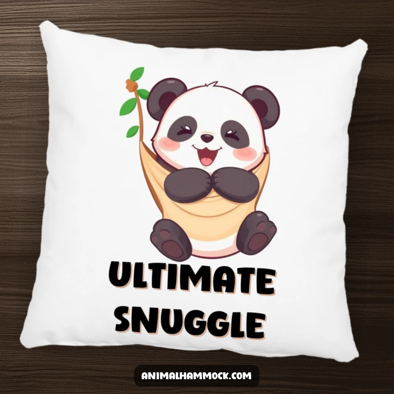 Funny pillow featuring a panda enthusiastically hugging a hammock, providing comfort and a burst of adorable humor. Ideal gift.